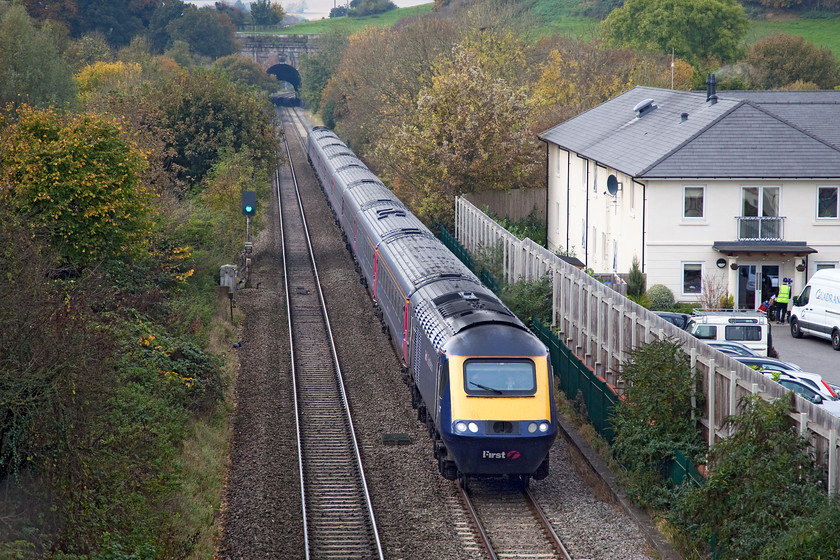 Class 43, GW 11.00 Bristol Temple Meads-London-Paddington (1A14), A4 road bridge, Box 
 An unidentified class 43 HST forms the 11.00 Bristol Temple Meads to Paddington service past the village of Box. Middle Hill tunnel is in the background with Box's famous tunnel behind me whilts I stand on the A4 road bridge. 
 Keywords: Class 43 11.00 Bristol Temple Meads-London-Paddington 1A14 A4 road bridge, Box