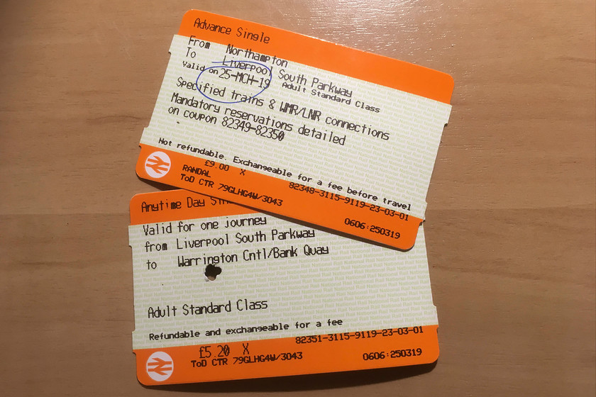 Tickets, Northampton-Warrington Central 
 The single fare tickets from Northampton to Warrington Central came out at a very cheap 15. Once again, this illustrates the crazy fare structure that we have in the UK. By taking particular trains on a specific route huge savings can be made. In this case, the slightly quicker direct route that involved just one change and a departure an hour later would have cost four times this fare! 
 Keywords: Tickets Northampton Warrington Central