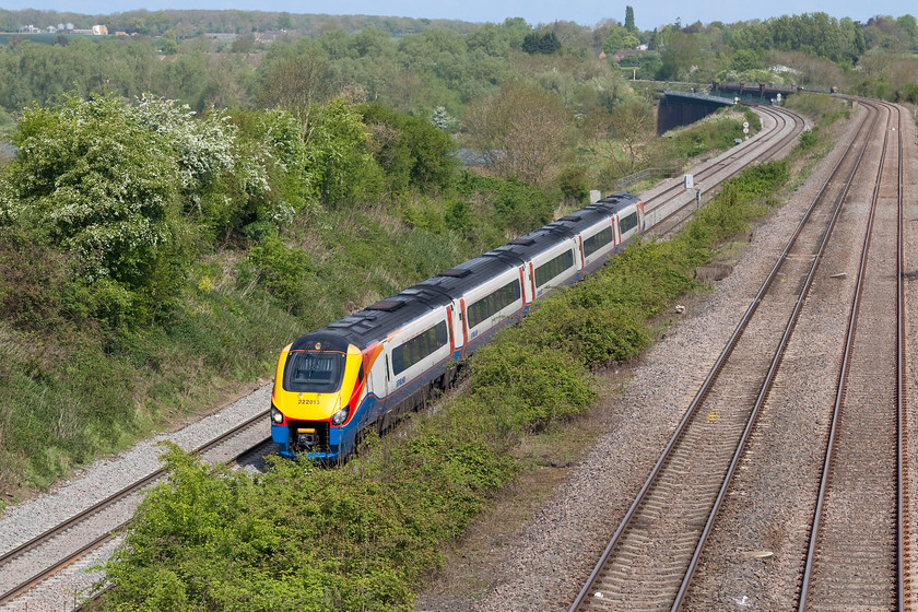 222013, EM 10.05 Nottingham-London St. Pancras (1B31, 2L), Moor End Lane Bridge TL007580 
 222013 takes the low level up fast line working the 10.05 Nottingham to London St. Pancras. It has just crossed Sharnbrook Viaduct that can be seen in the background. 
 Keywords: 222013 1B31 Moor End Lane Bridge TL007580