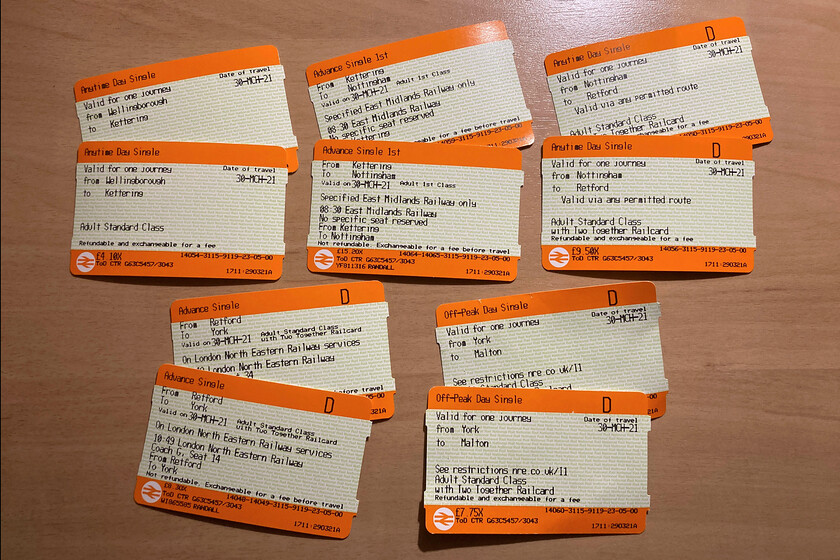 Tickets, Wellingborough-Malton 
 Our single fare tickets from Wellingborough to Malton was reasonable value. I selected this route that was a little more interesting than the more normal route via Sheffield and Doncaster. Note that the cheapest option selected included a leg of the journey in first-class from Kettering to Nottingham. 
 Keywords: Tickets Wellingborough-Malton