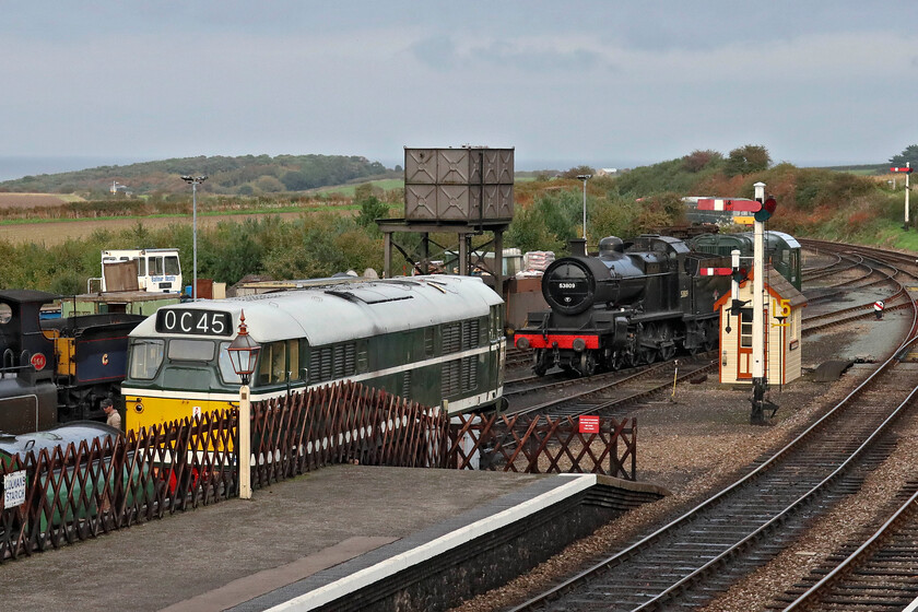 565, D5631, 53809 & D3935, Weybourne Yard-19.10.23 
 The North Norfolk Railway's yard at Weybourne is always of interest with activity taking place and plenty of stock on view. In this view are (left to right) GER number 565, A1A-A1A Type 2 D5631, S & D 53809 and shunter D3935 that is engaged in moving the 7F about the yard. Notice the Class 101 DMU in the distance returning to Weybourne from Sheringham empty after working its last service of the day. 
 Keywords: 565 D5631 53809 D3935 Weybourne Yard