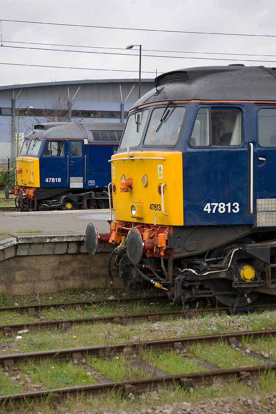 47818 & 47813 stabled, Norwich yard 
 The front ends of 47818 'Craftsman' and 47813 'Solent' are seen in the sidings just adjacent to Norwich station awaiting their next turn of duty. They are hired in by Abellio Greater Anglia from DRS to cover for their perpetual shortage of units. Unfortunately, there were none in operation on the day of my visit. 
 Keywords: 47818 47813 stabled, Norwich yard Craftsman DRS Direct rail Services Solent