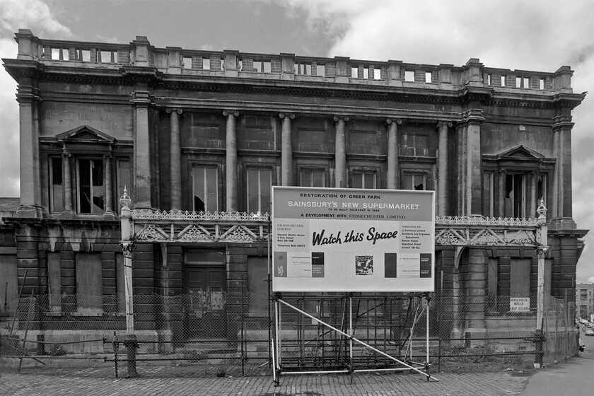 Frontage, Bath Green Park station 
 The fine mock Georgian frontage of Bath Green Park station looks extremely sad and neglected having been shut to passengers for fifteen years. As can be seen, the optimistic sign proclaims that the site is to be developed by Sainsbury's in association with Stonechester Developments encouraging people to 'watch this space'! Sure enough, the amazing development and transformation of the site did take place with the new supermarket opening in 1983 some two years after this photograph was taken. The space within the station is now a recreation and art space for Bathonians and visitors alike to spend some leisure time, see.... https://www.greenparkstation.co.uk/ 
 Keywords: Frontage Bath Green Park station