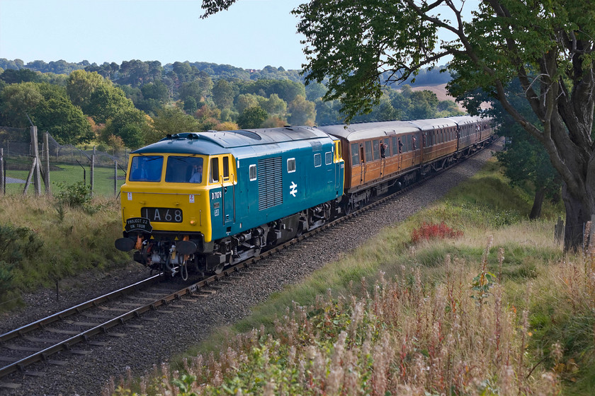 D7076, 12.11 Kidderminster-Bridgnorth, West Midlands Safari Park SO799748 
 Looking superb in its BR blue livery Heymek D7076 leads the 12.11 Kidderminster to Bridgnorth service on the approach to Bewdley passing the West Midlands Safari Park. It's shame that the stock does not match the era of the locomotive but during such an intensive diesel gala such as this one operated by the SVR there simply is not enough of it! D7076 was withdrawn in 1973 and is now in the custodianship the East Lancashire Railway based at their Bury facility. Despite its fantastic external appearance, it is due for an extensive overhaul with particular attention to be paid to the bogies.

There is an audio recording of this event on my youtube channel, see..... https://youtu.be/fQQK2sa-cj0 
 Keywords: D7076 12.11 Kidderminster-Bridgnorth West Midlands Safari Park SO799748 Hymek Beyer Peacock