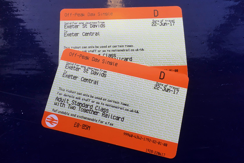 Tickets, Exeter St. David's-Exeter Central 
 Andy and my tickets from Exeter St. David's to Exeter Central station. 85 pence each was a small price to pay for the journey that took about five minutes, and avoided us toiling up the hill to Exeter city centre from the station!