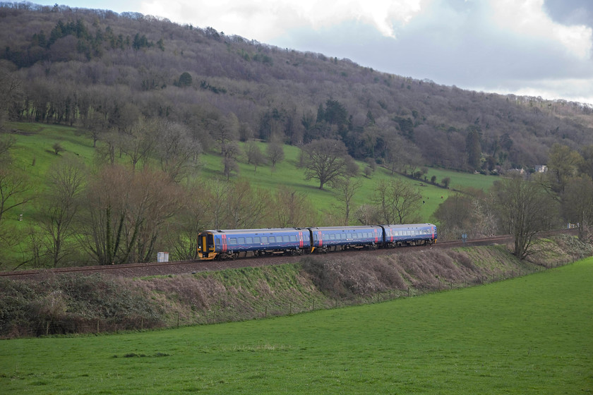 158960, GW 09.23 Portsmouth Harbour-Cardiff Central (1F12, 1E), Avon Valley ST782652 
 The Avon Valley, just here in Somerset, is a beautiful spot and one that I know well given that I grew up only five miles from this spot! I parked the car in a lay-by on the A36 and took a short walk along the towpath of the Kennet and Avon Canal to this spot. The weather was very changeable as the clouds rushed across the sky, one minute bright sun, the next in shadow! Here, 158960 forms the 09.23 Portsmouth Harbour to Cardiff Central through the valley; unfortunately not in the sun! 
 Keywords: 158960 1F12 Avon Valley ST782652