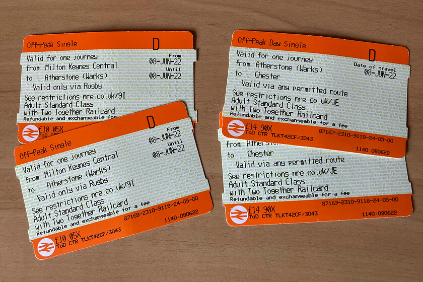 Tickets, Milton Keynes Central-Chester 
 These was not the tickets that we were supposed to be travelling on from Milton Keynes to Chester! Due to us missing our train by a minute we had to purchase another set at what was a walk-on price making it a pretty expensive run to the northwest. Luckily, split ticketing did save us a pound or two that seemed to tick off the booking clerk somewhat after she claimed that she had found us the cheapest fare with her simply saying 'get them yourselves' to then switch her microphone off and turn away to talk to a colleague! She plainly had not worked hard enough on our behalf that simply is not good enough is it really? 
 Keywords: Tickets Milton Keynes Central-Chester