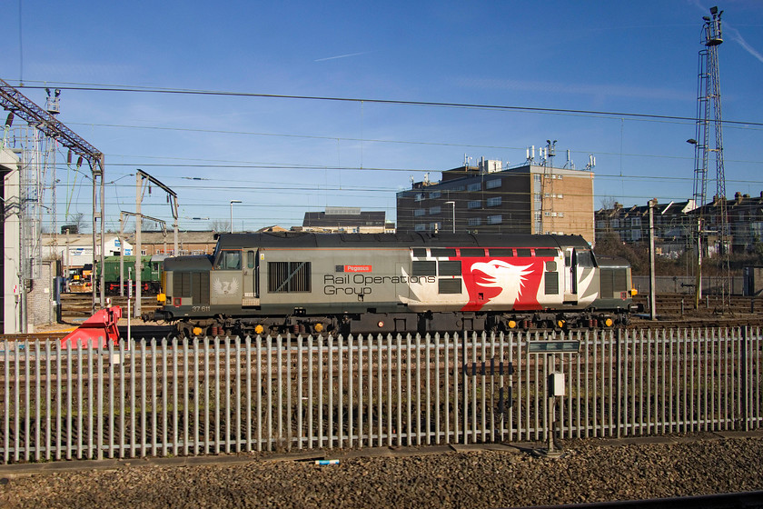 37611 & D3671, stabled, Willesden depot 
 On passing Willesden depot, another of ROG's class 37s is seen. Stabled close to the line 37611'Pegasus' is seen with the resident depot pilot D3671 behind. As can be seen, it is a glorious February day more akin to April with wall-to-wall sun and temperatures way into double figures. 
 Keywords: 37611 D3671 Willesden depot