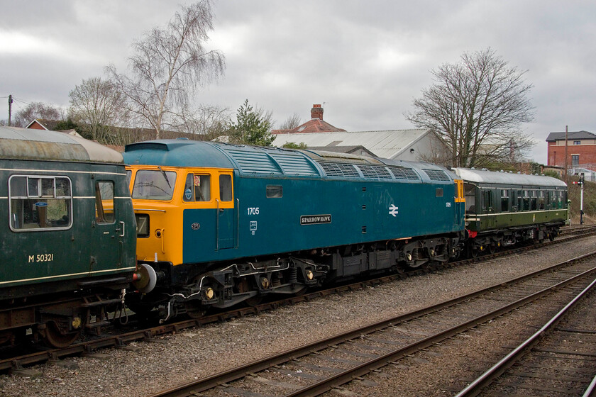 M50321, 1705 & M79900, stabled, Loughborough GCR 
 The Great Central Railway has a huge amount of stock of various shapes and sizes that has something of interest to every railway enthusiast. On the approach to Loughborough GCR station the trio seen here are from the first-generation diesel era with Class 101 DMU power car M50321 to the left. Centre stage is Class 47 1705 'Sparrowhawk' that under TOPS was numbered 47117. To the right is celebrity Derby Lightweight DMU M79900 which has been named 'Test Car Iris' for many years. 
 Keywords: M50321 1705 M79900 stabled Loughborough GCR Test Car Iris