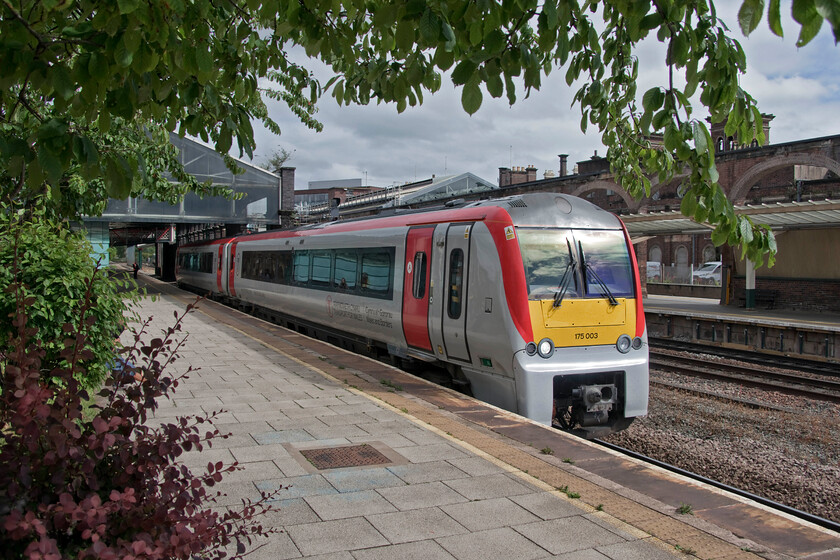 175003, AW 12.17 Maesteg-Holyhead (1W94, RT), Chester station 
 Up for imminent replacement.

175003 was refurbished a relatively short while ago when the smart TfW livery was applied. However, it is still going to be replaced within the next year by the Class 197s that are currently undergoing testing on the North Wales coast route. With an uncertain future ahead of it the unit that is now over twenty years old is seen leaving Chester with the 1W94 12.17 Maesteg to Holyhead service.

*UPDATE* see..... https://www.ontheupfast.com/p/21936chg/30057250457/x175003-175113-08-35-landore-tmd 
 Keywords: 175003 12.17 Maesteg-Holyhead 1W94 Chester station TfW Transport for Wales