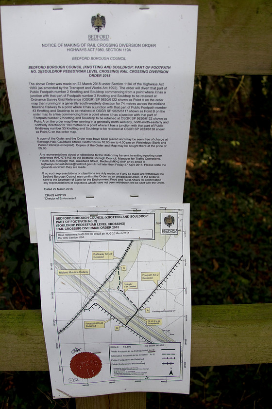 Footpath & railway crossing closure notice, Souldrop Back Lane 
 A notice announcing the closure of yet another flat crossing on the network. Network rail have an obsession with closing such crossings that is a shame as they are part of the infrastructure of the railway with the vast majority used perfectly safely. 
 Keywords: Footpath railway crossing closure notice Souldrop Back Lane