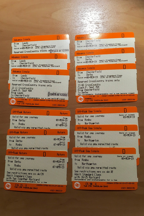 Tickets, Leeds-Northampton 
 Our return tickets from Leeds to Northampton. Once again, twelve individual tickets for the three of us to complete our journey using the split ticket anomaly. The guard commented on what a farce the whole thing was as he sorted through the tickets! 
 Keywords: Tickets, Leeds-Northampton