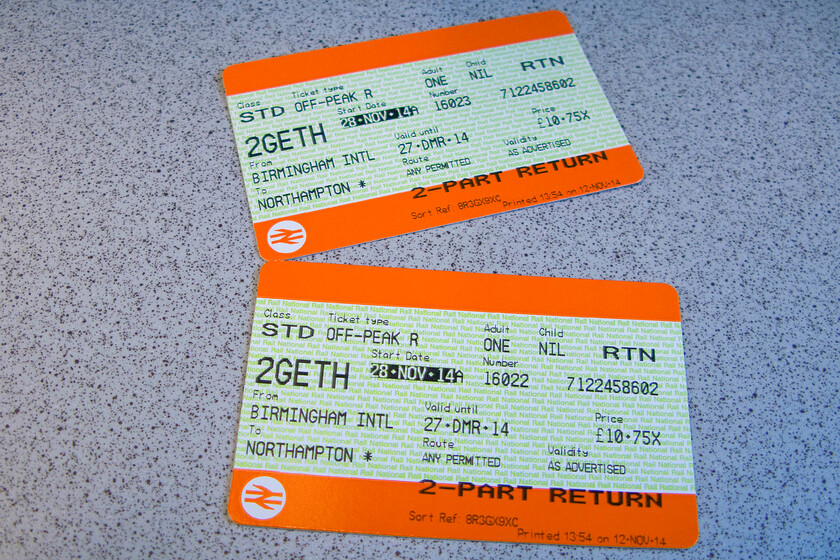 Tickets, Birmingham International-Northampton 
 Our return tickets from Birmingham Internation to Euston. Good value at 21.50 for the pair of us but bear in mind that this was with our two together discount loaded. 
 Keywords: Tickets Birmingham International-Northampton