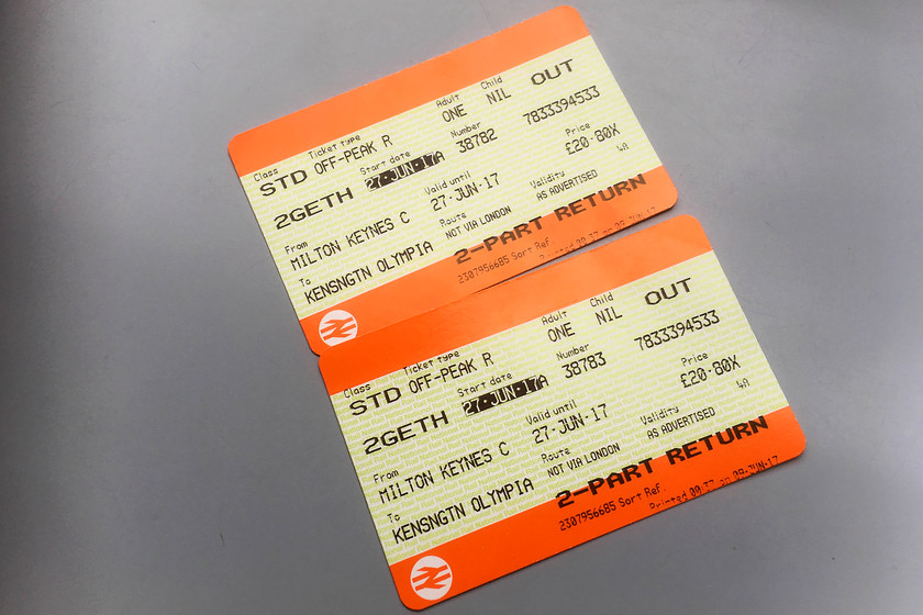 Tickets, Milton Keynes-Kensington Olympia 
 Our tickets from Milton Keynes to Kensington Olympia.