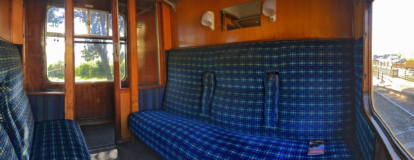 Interior, Mk. I coach, 10.00 Toddington-Cheltenham Racecourse, Toddington station 
 This photograph was taken using my iPhone in panorama mode and shows the interior of the Mk. I compartment that Mike and I travelled in on the 10.00 Toddington to Cheltenham racecourse. This particular coach was on-loan to the Gloucestershire and Warwickshire Railway for the season from the North Norfolk Railway. It was beautifully restored and was a pleasure to travel in, an experienced enhanced by hearing 6020 'King Edward II' working hard just in front of us with all the windows open! 
 Keywords: Interior Mk. I coach 10.00 Toddington-Cheltenham Racecourse Toddington station