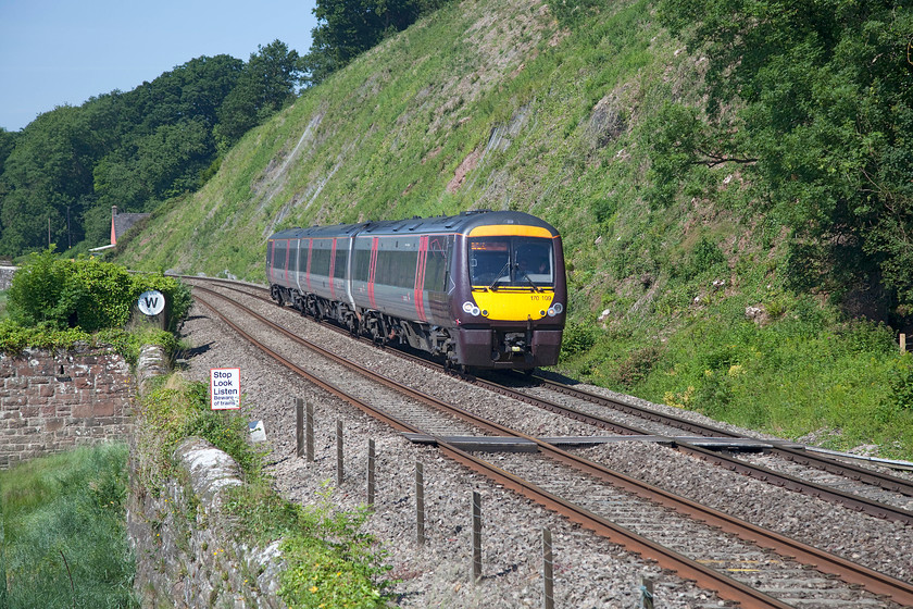 170109, XC 09.45 Cardiff Central-Nottingham (1M60, 1L), Gatcombe SO682055 
 170109 passes near to the hamlet of Gatcombe on the Severn Estuary in Gloucestershire. The 170 is working the 09.45 Cardiff Central to Nottingham. In past times, the views along this glorious stretch of line could have been enjoyed from the comfort of Mk. 1 coaches with a Peak or a class 47 up front, now passengers have to make do with a DMU....progress, I'm not so sure? 
 Keywords: 170109 1M60 Gatcombe SO682055