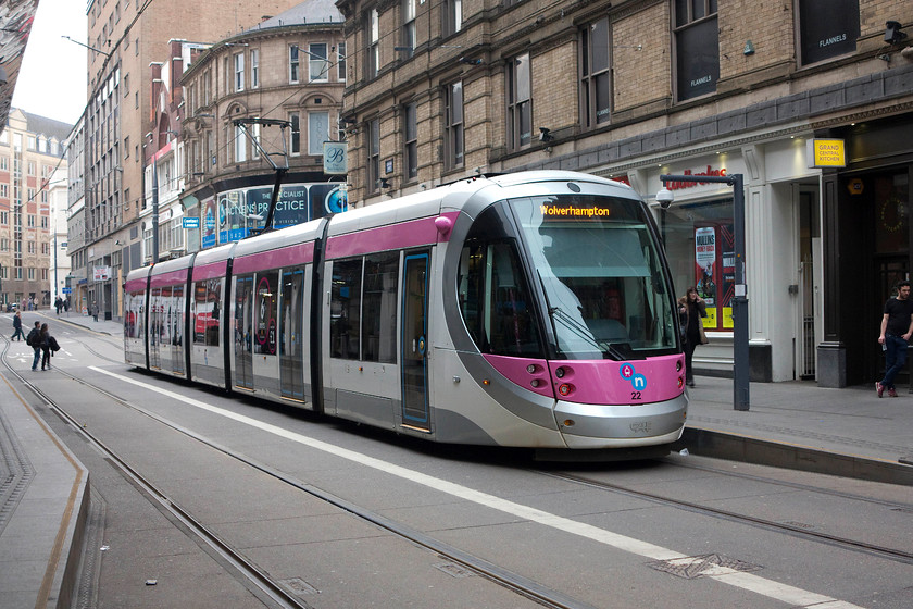 22, Grand Central-Wolverhampton St. Georges working, Stevenson Street 
 Tram 22 stands on Stevenson Street just outside Birmingham New Street station with a working to Wolverhampton. These trams are relatively new but they have not been quite the success that other trams re-introductions have been, for example in Birmingham.