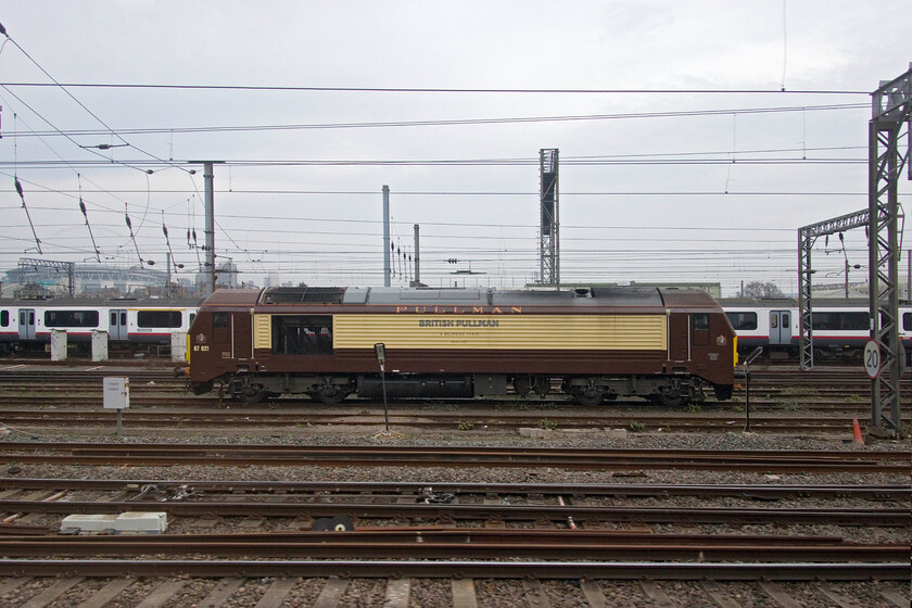 67021, stabled, Wembley Yard 
 One of British Pullman's dedicated Class 67s sits stabled in Wembley Yard. There was to be a circular trip from Victoria later in the week so I suspect that 67021 was to be involved in that. 
 Keywords: 67021 stabled Wembley Yard British Pullman