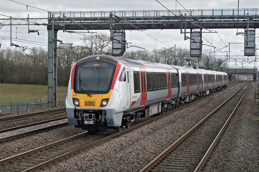 720124, 13.52 Rugby-Willesden TMD (5Q28, 6E), Cathiron SP4667783 
 When Andy and I visited this same spot at Cathiron during the Covid-ravaged autumn of 2020 (over two years previously) we also saw and photographed a Class 720 Aventura on test, see..... https://www.ontheupfast.com/p/21936chg/29767268204/x720539-720540-13-49-rugby-wolverton. Today, another Aventura in the form of 720124 is seen on a mileage accumulation run as the 5Q28 13.52 Rugby to Willesden TMD via a blast down and back up the WCML Trent Valley route with a reversal at Stafford. 
 Keywords: 720124 13.52 Rugby-Willesden TMD 5Q28 Cathiron SP4667783 Greater Anglia Aventura