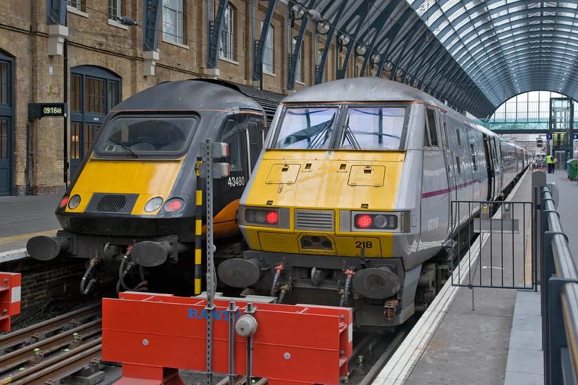 43480, GC 09.56 London King's Cross-Sunderland (1N90) & 82218, GR 10.15 London King's Cross-Edinburgh Waverley (1S12), London King's Cross station 
 Open access operator Grand Central is owned by Arriva UK Trains that itself was taken over by Deutsche Bahn in 2010; how complicated! And, as for the history of GC itself, a book could be written on that! One of GC's short set HSTs stands at King's Cross that will work the 1N90 09.56 to Sunderland. It is waiting next to an East Coast DVT, 82218, that will also head north after the HST at the rear of the 1S12 10.15 to Edinburgh. 
 Keywords: 43480 09.56 London King's Cross-Sunderland 1N90 82218 10.15 London King's Cross-Edinburgh Waverley 1S12 London King's Cross station Grand Central HST East Coast DVT