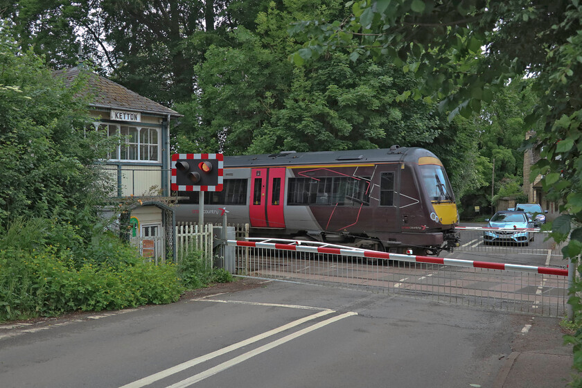 170619, XC 07.22 Birmingham New Street-Cambridge (1L30, RT), Ketton level crossing 
 Taking full advantage of the camera's 'burst' mode I managed this broadside image of 170619 passing Ketton's superb 1900 Midland Railway signal box working the 07.22 Birmingham to Cambridge service. I have visited Ketton a number of times over the years and am always delighted to see the box still in operation complete with the sounds of its bells and the crash as the levers are thrown; one wonders for how much longer these sounds will be heard. 
 Keywords: 170619 07.22 Birmingham New Street-Cambridge (1L30, RT), Ketton level crossing CrossCountry Turbo