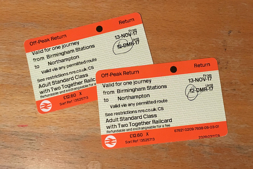 Tickets, Birmingham New Steet-Northampton 
 Our return tickets from Northampton to Birmingham New Street. 
 Keywords: Tickets Birmingham New Steet-Northampton