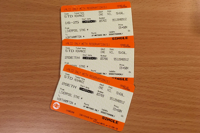 Tickets, Liverpool LS-Northampton 
 The tickets for the journey home, 18 for the three of us.