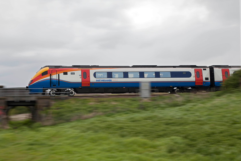 222023, EM 10.26 London St. Pancras-Sheffield (1F23,1E), Radwell Viaduct TL008569 
 222023 is just about to cross Radwell viaduct in Bedfordshire with the 10.26 St. Pancreas to Sheffield. In order to take a pan shot at this location, I had to have the camera ready and to the eye as I had no warning of it emerging from a low cutting to the right! 
 Keywords: 222023 1F23 Radwell Viaduct TL008569