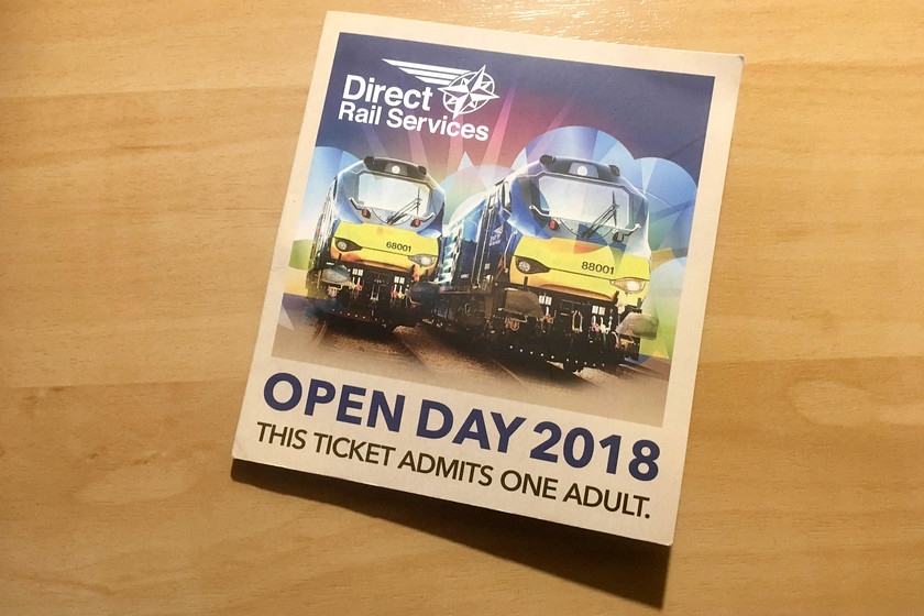 DRS Open Day entry ticket 
 DRS always do a great job with designing their tickets, this year was no exception! 68001 and 88001 adorning the front with their revised compass logo looks really good, well done to the designer!