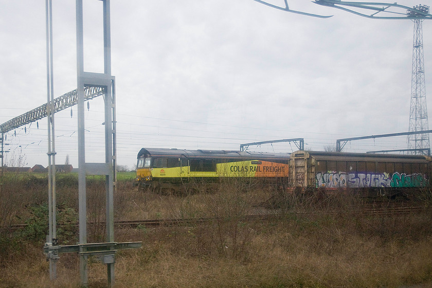 66949, stabled, Bescot yard 
 Not a great picture, taken from the train window, but one that shows the shocking state that Bescot yard is in. Through the winter undergrowth, Colas branded 66949 'Wylam Dilly' is seen stabled in the yard. The locomotive is named after the second oldest surviving example of its earliest relations. Wylam Dilly was designed by William Hedley and Timothy Hackworth in 1813 to work in Wylam colliery, west of Newcastle upon Tyne 
 Keywords: 66949 stabled Bescot yard