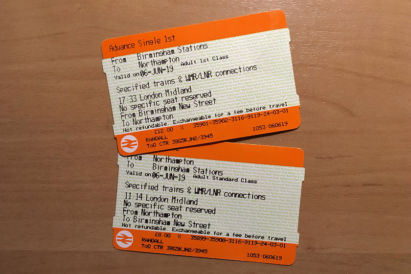 Tickets, Northampton-Birmingham New Street-Northampton 
 My return tickets from Northampton to Birmingham. Both off-peak singles, bought the evening before travel, are of reasonable value. For the return journey, I travelled first class as it was only 2 more than standard. This decision is not based on it being any better in terms of service but it gives me a stronger likelihood of getting a seat. 
 Keywords: Tickets Northampton-Birmingham New Street-Northampton