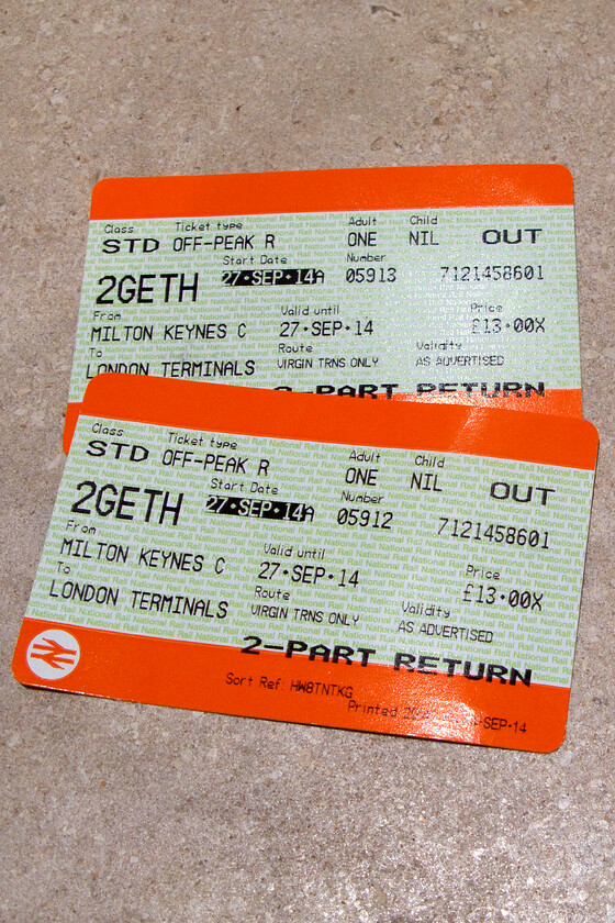 Tickets, Milton Keynes-London Euston 
 The outward tickets for our trip to London show a very reasonable fare of 13 return; who says the railways are too expensive! 
 Keywords: Tickets Milton Keynes-London Euston