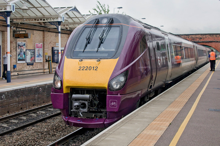 222012, EM 09.31 London St. Pancras-Sheffield (1F17, 2E), Loughborough station 
 I am not absolutely convinced by EMR's new purple livery that is certainly a little different and reminiscent of Porterbrook's mid-noughties paint scheme. After initially only painting one of their Meridians, EMR are now moving through the class with more losing their East Midlands Trains' paint scheme. 222012 arrives at Loughborough station working the 09.31 St. Pancras to Sheffield service that we took to its destination. It's interesting to note that there is already evidence of the previous operator's colours on the fibreglass chin below the coupling gear on this recently repainted set! 
 Keywords: 222012 09.31 London St. Pancras-Sheffield 1F17 Loughborough station EMR East Midlands Railway Meridian