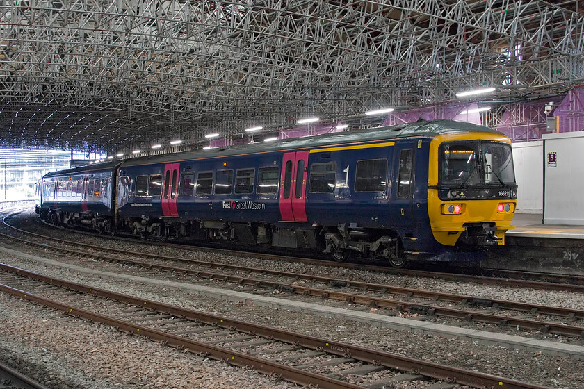 166211, GW 09.00 Worcester Shrub Hill-Bristol Temple Meads (2C61, 4L), Bristol Temple Meads station 
 One of the handful of Turbo units that still wears its First Great Western livery and branding arrives at Bristol Temple Meads with the 09.00 terminating service from Worcester Shrub Hill. With the works underway to transform and repair the grubby trainshed roof a huge false roof has been installed so contractors can undertake their work safely, see....https://www.networkrailmediacentre.co.uk/news/bristol-temple-meads-historic-roof-refurbishment-to-enter-next-phase 
 Keywords: 166211 09.00 Worcester Shrub Hill-Bristol Temple Meads 2C61 Bristol Temple Meads station GWR First Great Western Turbo