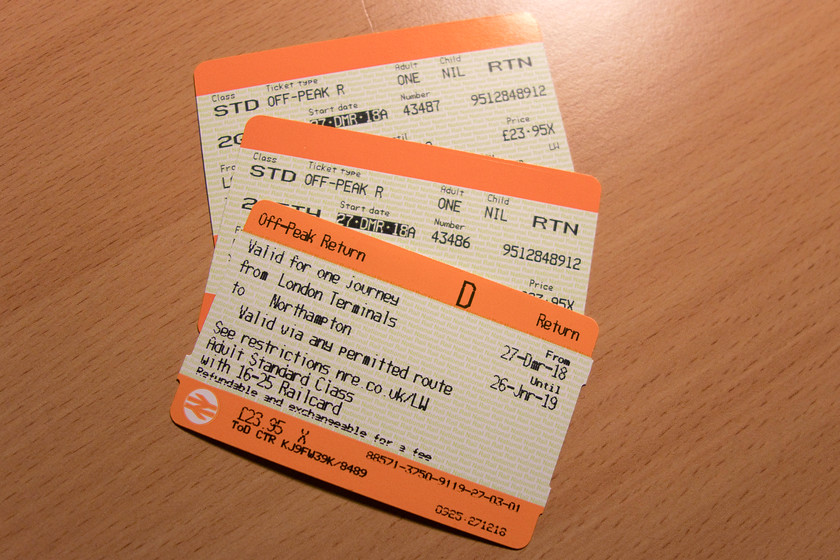 Tickets, London Euston-Northampton 
 Our return tickets. I din't think that nearly 72 is the best value for money, they are advanced off-peak return with railcards after all!