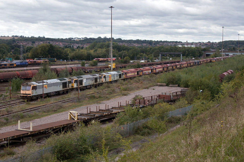 Class 60s, stored, Toton yard 
 What a sight! Since our last visit, admittedly quite some years ago, the Class 60s stored at Toton and in all likelihood heading for the breakers have been moved. They are now lined up in two extensive rows extending right under the A52 road bridge in the background. Unfortunately, I could not get many of the numbers but the leading three are 60067 formerly 'James Clerk-Maxwell', 60032 formerly 'William Booth' and 60088 formerly 'Buachaille Etive Mor'. If anybody can furnish me with the list of 60s in the right order it would be appreciated particularly more so for Andy as he is far more of a number collector than I am! I took a photograph back in 1979 at a very similar angle to this one but with a zoom lens that featured two Class 44s and an absolute myriad of stock, see..... https://www.ontheupfast.com/p/21936chg/27432132804/x44007-44008-freight-workings-toton 
 Keywords: Class 60s stored Toton yard 60067 60032 60038 James Clerk-Maxwell William Booth 	Buachaille Etive Mor