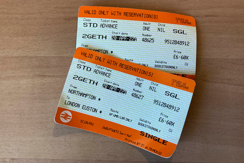 Tickets, Northampton-London Euston 
 The outward tickets for our journey from Northampton to London Euston. Being advanced tickets with our two-together discount loaded at 6.60 they were pretty good value. 
 Keywords: Tickets Northampton-London Euston