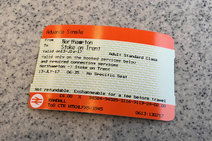 Ticket, Northampton-Stoke-on-Trent 
 Using split ticketing, I managed to get a reasonable fare from Northampton. Leg one was Northampton to Stoke (6).