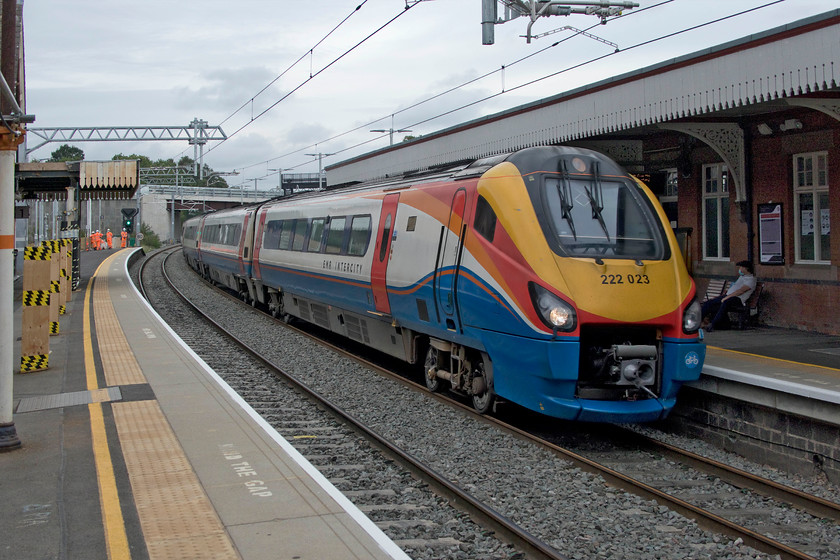 222023, EM 08.26 Sheffield-London St. Pancras (1C25, 1E), Wellingborough station 
 222023 comes to a halt at Wellingborough station working the 08.26 Sheffield to St. Pancras East Midlands Railway service. Since my last visit to the station at the beginning of February the station canopies, that were undergoing work then, see..... https://www.ontheupfast.com/p/21936chg/28700323804/platform-1-wellingborough-station, have been completely removed. I hope that somebody is watching this work to ensure that they are returned and reinstalled appropriately when the electrification works are completed. 
 Keywords: 222023 08.26 Sheffield-London St. Pancras 1C25 Wellingborough station EMR East Midlands Railway Meridian