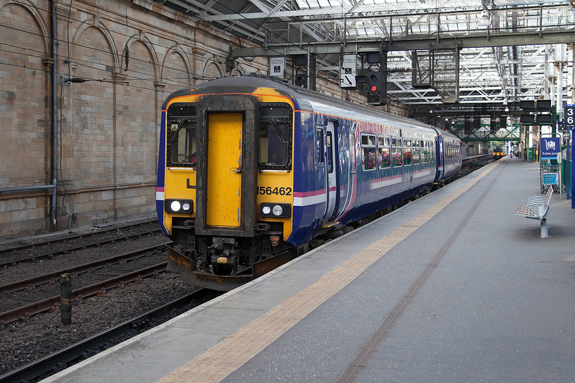 156462, SR 10.19 Edinburgh Waverley-Glasgow Central (1D53), Edinburgh Waverley station 
 Even though the headlights are still on, the taillights of 156462 will soon be illuminated as it will leave forming the 10.19 Edinburgh Waverley to Glasgow Central service. 
 Keywords: 156462 10.19 Edinburgh Waverley-Glasgow Central 1D53 Edinburgh Waverley station