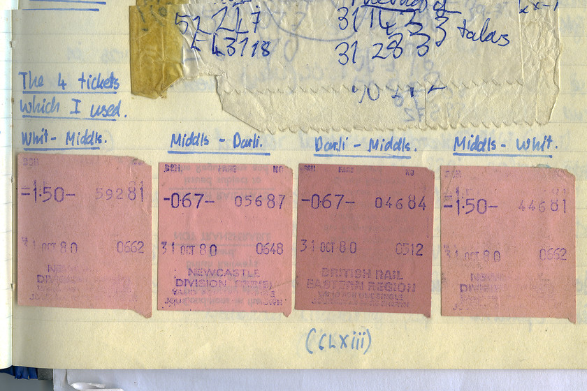 Tickets, Whitby-Darlington-Whitby 
 A scan from my notebook shows the four tickets that I purchased from the guard on the pay trains (remember those?) that I took from Whitby to Darlington and back. By modern-day standards, a total of 4.34 seems pretty good value but inflation and forty years have taken their toll and that equivalent cost today would be 22.18. Just for interest sake, I have had a look to see how much this journey would be today. Using similar train times and walk-on fares (as my journey in 1980 was) and remarkably, it is almost half the price at 12.50 return, travelling as an off-peak day return. So that seems to have put paid to those who hark on about how expensive rail travel has got today! 
 Keywords: Tickets Whitby-Darlington-Whitby