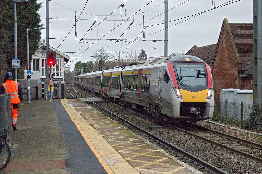 745003, GA 10.30 Norwich-London Liverpool Street (1P29, 8L), Stowmarket station 
 The new face of the Great Eastern Mainline is seen passing Stowmarket in the form of a Stadler FLIRT (Fast Light Intercity and Regional Train). 745003 is working the Greater Anglia 10.30 Norwich to Liverpool Street service. Whilst these are, essentially, units they do represent a step up from the aged and tired locomotive-hauled Mk. IIIs that they replaced much as I mourn the latter's passing! 
 Keywords: 745003 10.30 Norwich-London Liverpool Street 1P29 Stowmarket station Greater Anglia