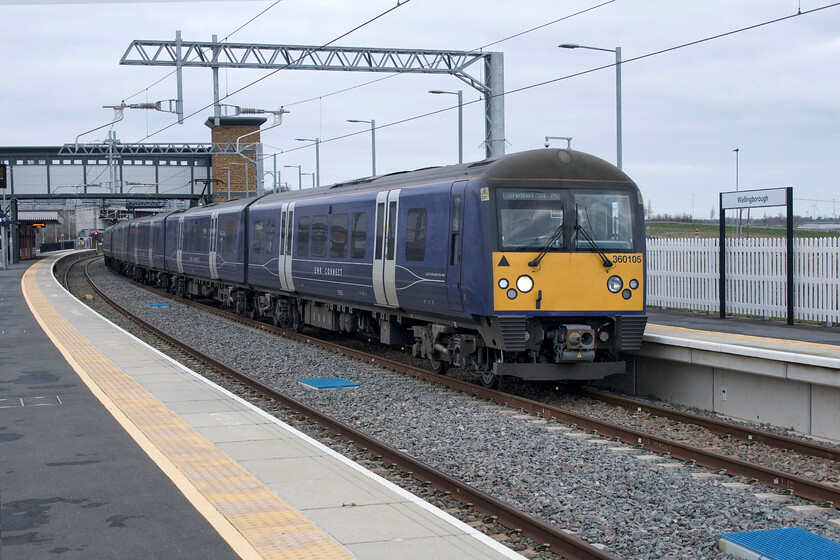 360105 & 360110, EM 11.40 Corby-London St. Pancras (1Y26, RT), Wellingborough station 
 EMR Connect's 360105 and 360110 draw into Wellingborough station working the 11.40 Corby to London St. Pancras service. Wellingborough now enjoys a half-hour service in both directions between London and Corby, unfortunately, since the launch of the electrified trains last spring the scourge of COVID-19 has meant passenger numbers have been way below expectations. 
 Keywords: 360105 360110 11.40 Corby-London St. Pancras 1Y26 Wellingborough station EMR Connect East Midlands Railway Desiro