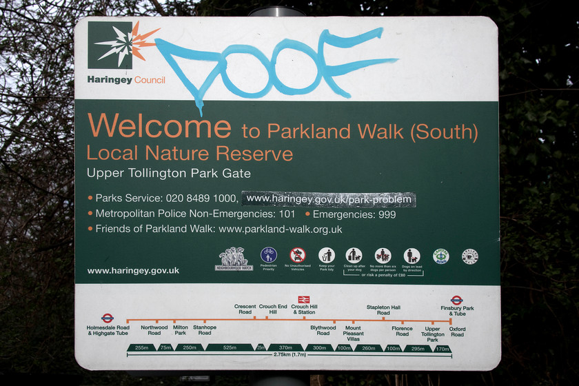 Sign, Parkland Walk, Upper Tollington Park 
 Parkland Walk is an absolute gem of a local resource for Londoners. It follows the route of the former railway that linked Finsbury Park to Highgate and is now a green walkway just under three miles in length. It can be accessed from a number of locations along its length and during our walk, it was popular with runners, dog walkers and families out for a jaunt. The website https://www.parkland-walk.org.uk/ has many details about the walk and the history of its development. 
 Keywords: Sign Parkland Walk Upper Tollington Park Finsbury Park Haringey Council