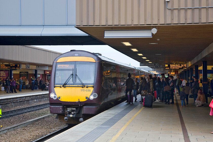 170636, XC 12.27 Stansted Airport-Birmingham New Street (1N55), Leicester station 
 Leicester station always seems particularly busy with many passengers changing trains with lines heading off in all directions. CrossCountry operate a number of services mainly using their fleet of largely inadequate Class 170s operating regional trains. Here, there is going to be competition for seats and space aboard 170636 working the 12.27 Stanstead Airport to Birmingham New Street train at the station's platform three. 
 Keywords: 170636 12.27 Stansted Airport-Birmingham New Street 1N55 Leicester station CrossCountry