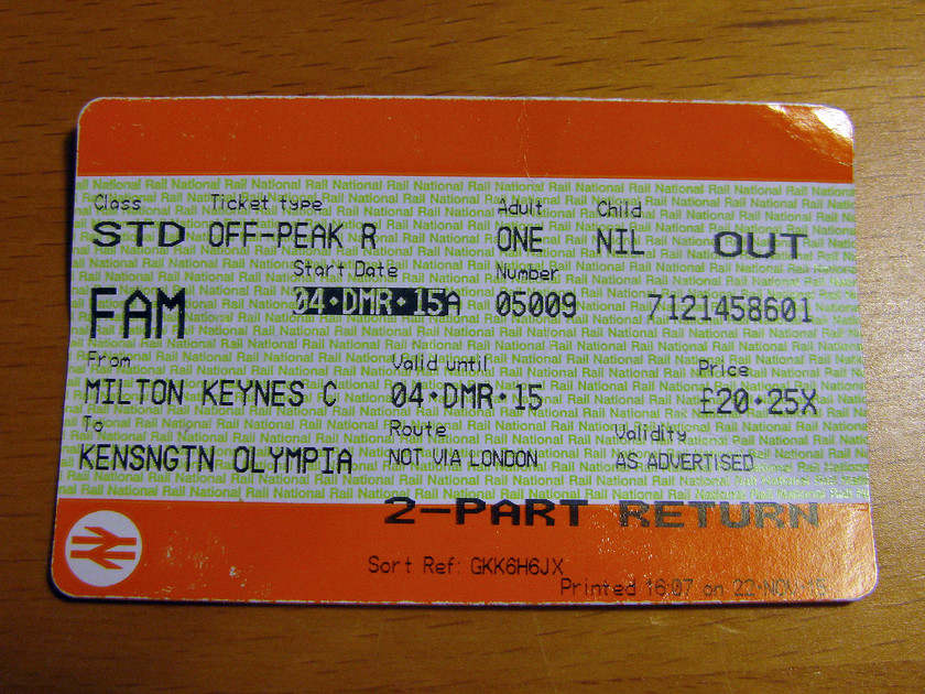 Ticket, Milton Keynes-Kensington Olympia (NB 2 x tickets missing) 
 Regular readers will know that I always like to show a photograph of the tickets used for every journey taken on a train. This time, I can only show one of the three issued as my wife and son put there's in the automated ticket machine on arrival at Kensington Olympia before I realised what was going on; obviously, the machine ate the tickets! 
 Keywords: Ticket, Milton Keynes-Kensington Olympia