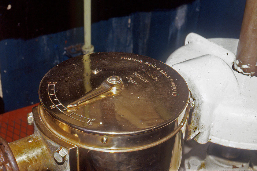 MV Farringford, brass control unit 
 This well-kept device in the engine room of MV Farrigford indicates what the various paddles are doing at any one time. The P and S refer to port and starboard with the M I presume indicate amidship, nautical advice appreciated! This would seem to indicate that the MV Farringford, undertaking the 18.15 sailing from New Holland Pier to Hull Corporation Pier was heading almost straight ahead across the cold Humber at this time. Thomas Reid & Sons (Paisley) Ltd. was a deck machinery manufacturers from 1900 until 2008 when the inevitable closure came according to an article that I discovered in The Scotsman newspaper. 
 Keywords: MV Farringford brass control unit Thomas Reid & Sons