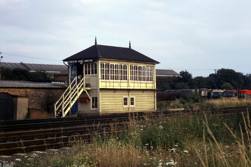 Kempston Road Junction signal box (Midland, date not known) 
 Another superb Midland designed signal box typical of the MML. Kempston Road Junction signal box was located just to the south of Bedford. I cannot find a date of construction, but I suspect that it would be similar to the other Type 2B boxes around 1890. Kempston Junction still has its finials at either end of the hipped roof and a trio of fire buckets under the original wooden steps. 
 Keywords: Kempston Road Junction signal box