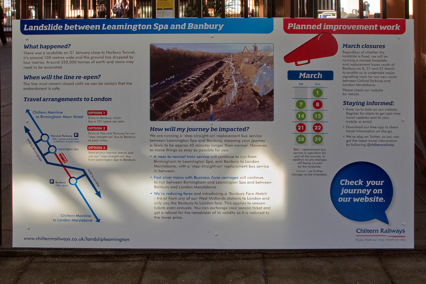 Information board, Birmingham Moor Street station 
 On the afternoon of 31st January 2015, a huge landslip took place in the notorious Harbury cutting between Leamington Spa and Banbury. An estimated slippage of three hundred thousand tons of material slipped into the cutting causing the closure of the line between Birmingham and London Marylebone. Immediately, a team from Network Rail and their contractor, Murphy, sprang into action to get it repaired and stabilised. There has been a history of collapse in the cutting back to when Brunel engineered the route in the nineteenth century. The instability is caused by a series of Blue Lias clay beds that sit above a bed of limestone that becomes mobile an unstable during periods of heavy water infiltration. 
 Keywords: Information board Birmingham Moor Street station