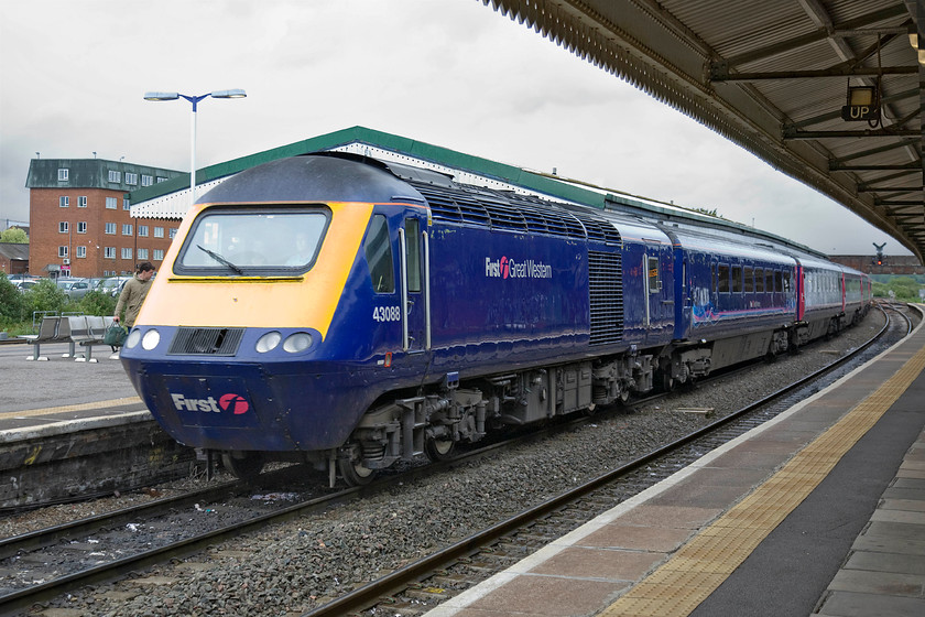 43088, GW 15.06 London Paddington-Penzance (1C86), Westbury station 
 43088 pauses at Westbury station on its journey westwards with the 1C86 15.06 Paddington to Penzance. The HSTs have been working on this route since 1979 but will soon be retired as the new bi-mode units are introduced. However, due to the over-running of the electrification, they are likely to be a little delayed so the HSTs will continue to ply their trade for a bit longer yet. 
 Keywords: 43088 15.06 London Paddington-Penzance 1C86 Westbury station First Great Western HST